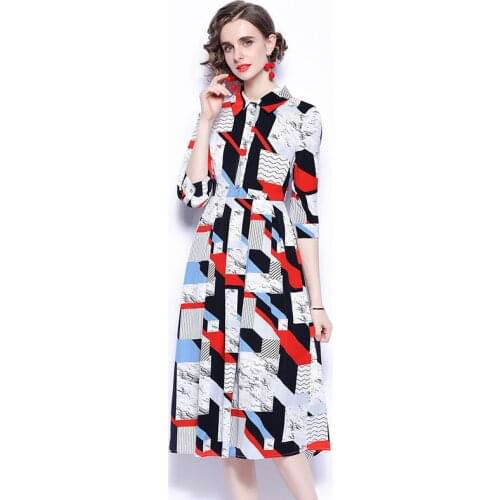 Color Block Big Shirt Dresses Woman European Style New Geometric Print Dress Office Lady Summer Mid-Length Slim Dress for Women