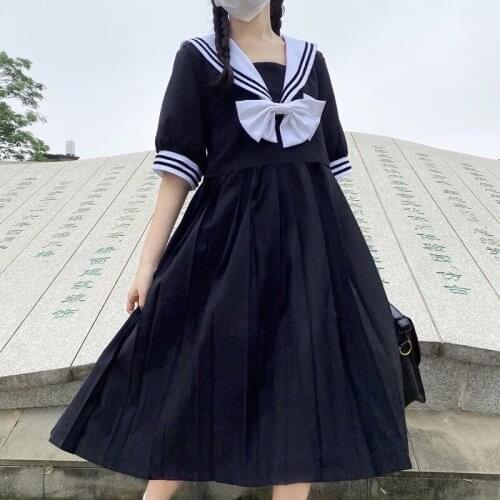 MAGOGO Navy Collar Black Dress Female New Korean Short Sleeve Loose Waist Japanese College Style Long Dress
