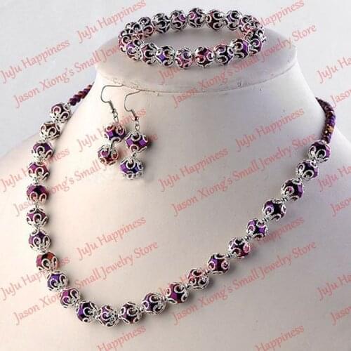 Handmade Purple Crystal Glass Beads Jewelry Set Necklace,Earring and Bracelet 223