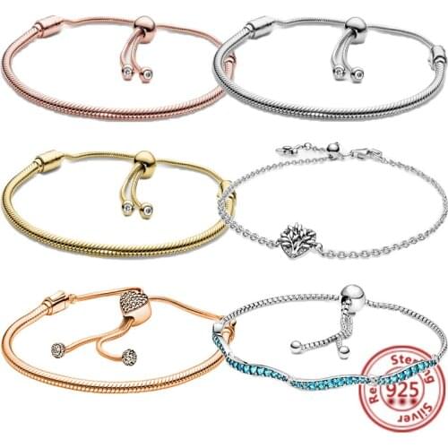 Fit Original Brand Charm 925 Silver Crystal Pavé Heart Clasp Snake Chain Slider Bracelet For Women Fashion Luxury Jewelry Lovers