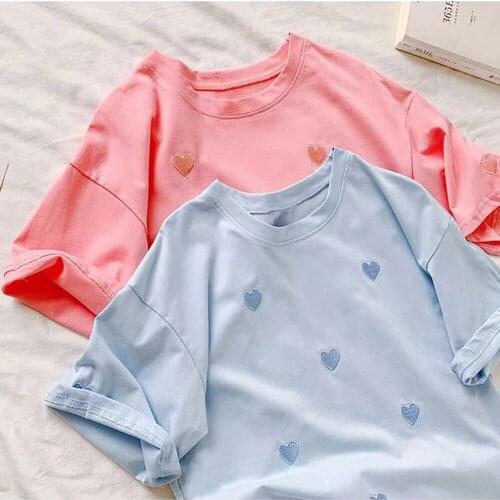 2021 Summet Cotton Embroidery Woman T Shirt O Neck Short Sleeve Simple Casual All-match Aesthetic Tops Kpop Harajuku Tee Shirt