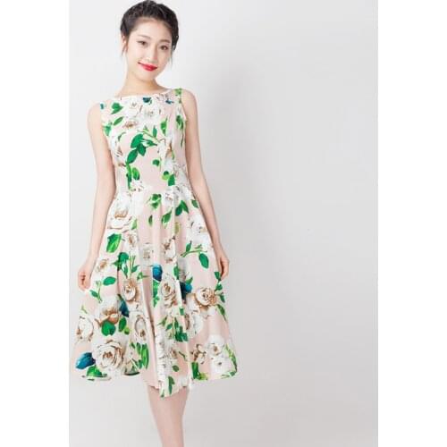 Women European and American Retro Vintage Black/White Camellia Flowers Printed Dress Ladies Plus Size Printing Cotton Dresses