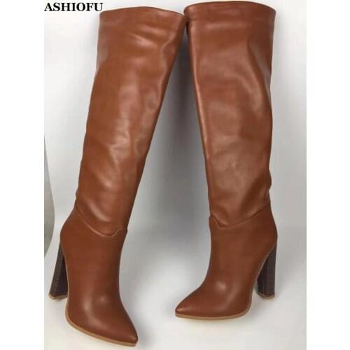 ASHIOFU Handmade European Womens Chunky Heel Boots Pointed Slicing Sleeve Winter Boots Party Prom Evening Fashion Club Boots