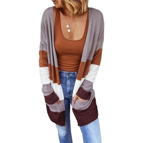 Women Color Block Striped Kimono Cardigan with Pockets Long Sleeve Casual Knitted Sweater Coat Open Front Loose Autumn Outwear S