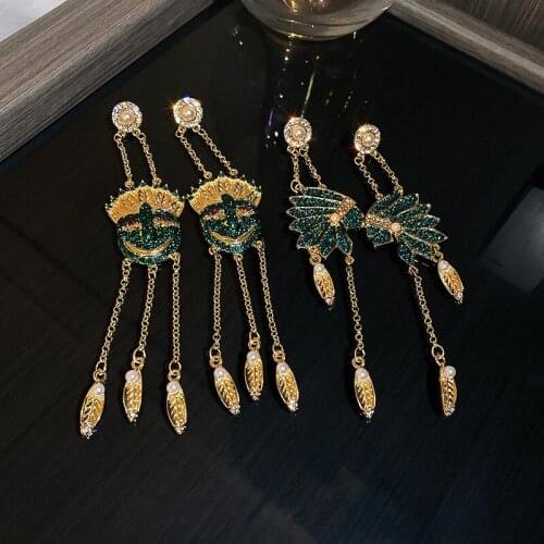 Origin Summer Exaggerate Bling Rhinestones Indians Long Tassel Earring for Women Gold Leaves Pearl Face Portrait Dangle Earrings
