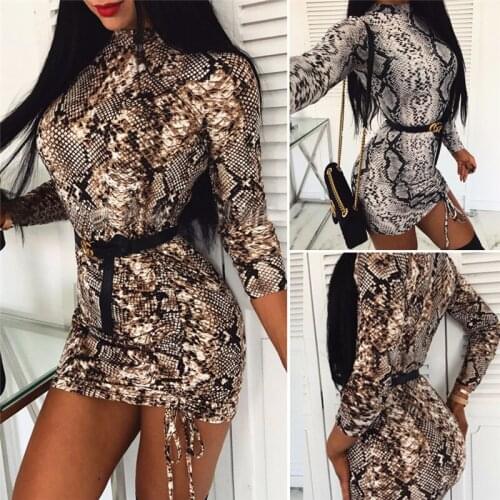 Women Sexy Snake Skin Print Bodycon Dress Clubwear Turtleneck Lace-up Dress Slim Long Sleeve Party Short Mini Pencil Dress