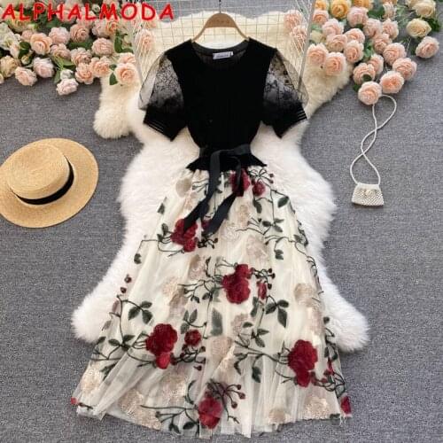 ALPHALMODA 2021 Ladies' Heavy Work Embroidery Floral Mesh Patchwork Knitting Sweet Dress Women Fashion Party Dress Ballgown Dres
