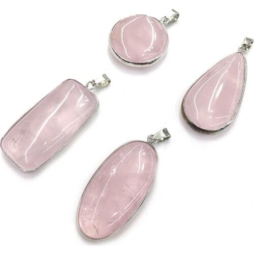 1pcs Natural Stone Charms Pendants Rose Quartzs Oval Rectangle Drop-shaped Round Hemming for Jewelry Making Necklace Earrings