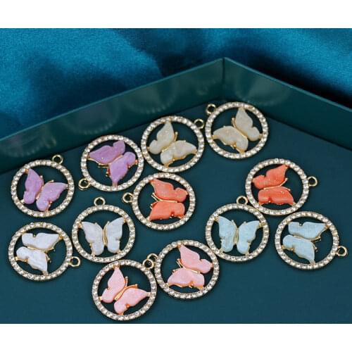10Pcs Golden Alloy Acrylic Resin Cute Butterfly Charms Round Rhinestone Frame Insect Pendant For DIY Earring Jewelry Accessories