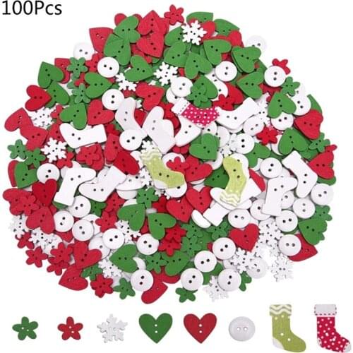 100Pcs Assorted Christmas Wooden Buttons Tree Snowflake Glove Reindeer 2 Holes Sewing Button Charms for DIY Art Crafts