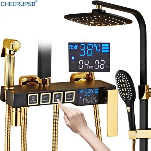 White Shower Set Bathroom Wall Mount Bath Faucet Hot and Cold Water Mixer Shower System Thermostatic Rainfall Shower Set Black