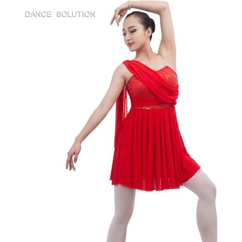 Red Sequin Stretch Spandex Bodice with Stretch Mesh Skirt Lyrical Dance Costume Ballet Dress 16035A