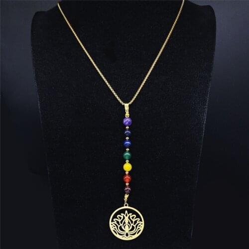 Yoga Lotus 7 Color Chakra Stone Stainless Steel Chain Necklaces for Women Gold Color Long Necklaces Jewelry collar NXS04