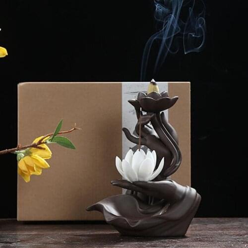 1pc Ceramic Buddha Hand Lotus Backflow Waterfall Incense Burner Holder Living Room Home Decor Home Office Craft