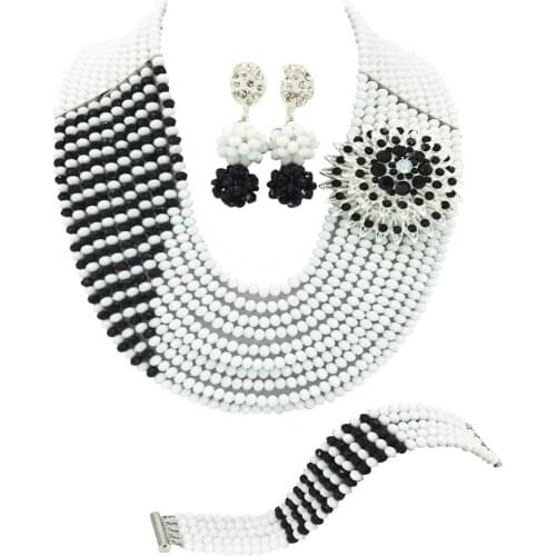 White and Black Fashion Jewelry Set Crystal Bridal Party Jewelry Sets Nigerian Wedding African Necklace Bracelet Earrings 10JZ08