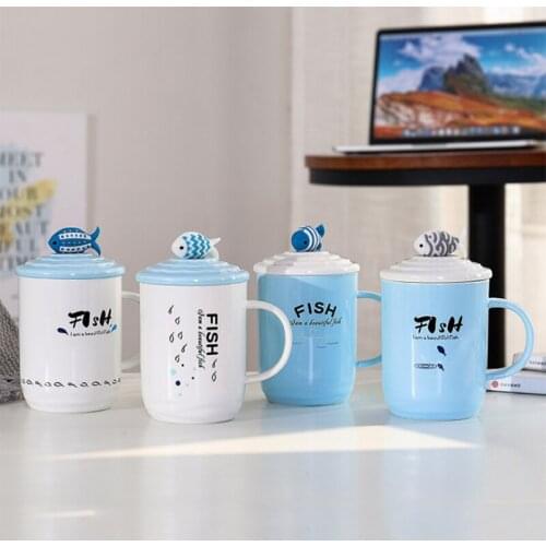 Creative Ceramic Mug Wind wave ceramic cup With Lid and Spoon blue white water cup office Milk Coffee Tea Mugs
