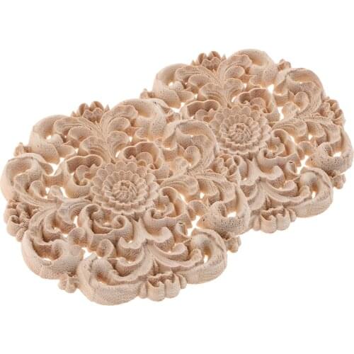 2Pcs Round Wood Carved Flower Appliques Elegant Cabinet Onlay Craft Unpainted for Home Decor