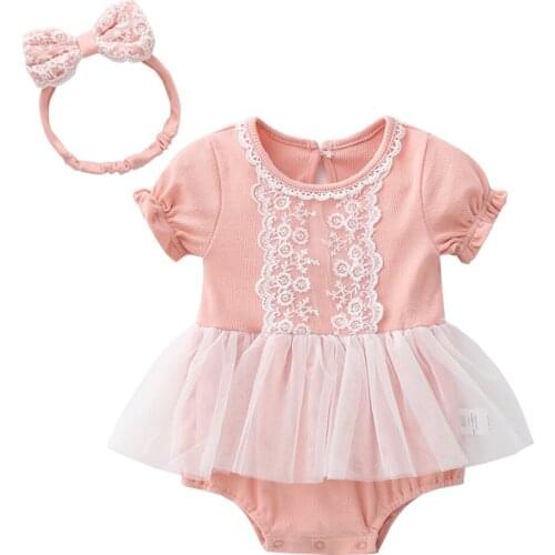 Summer Baby Girls Bodysuit Set Solid Color Short Sleeve Lace Cute Infant Baby Jumpsuit+Headband Suit Baby Clothing Set