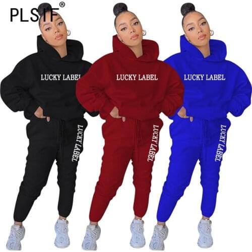 Lucky Label Sexy Women Suit Hoodies 2 Pieces Tops And Long Pant Outfits Casual Slim Two Pieces Track Suit