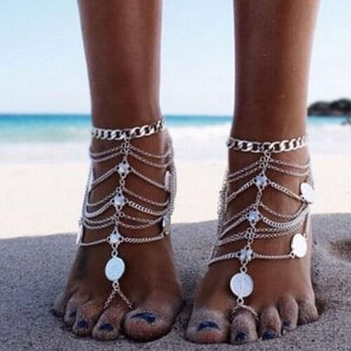 Bohemian Punk Retro Style Metal Heavy Multi-layer Chain Tassel Coin Anklet Summer Style Beach Jewelry Accessories Girl Gift