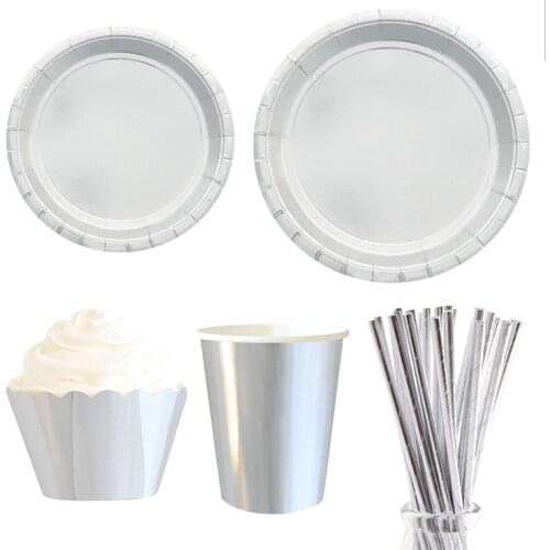 Solid Color Disposable Tableware Silver Paper Plates Cup Straw Kids Birthday Simple Decor Baby Shower Wedding Party Supplies