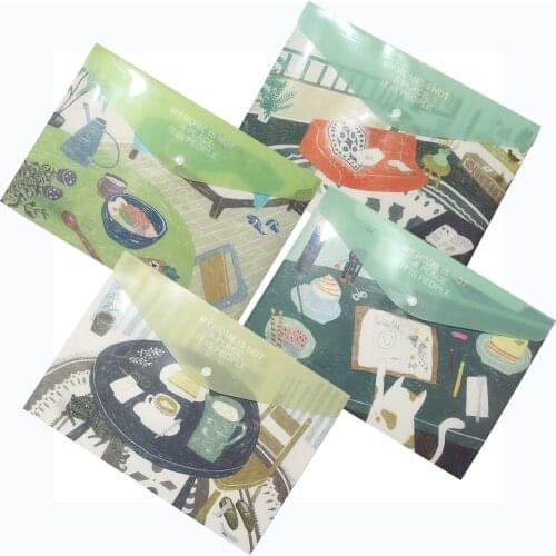 4pcs A4 Button PP Color Printing Transparent Waterproof Portable Folder Stationery Bag Folder File Archive Bag Office Supplies