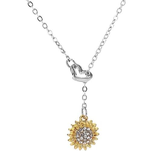 Women Sunflower Heart Rhinestone Pendant Clavicle Chain Necklace Jewelry Gift Pendant Clavicle Chain Necklace Jewelry Gift Penda