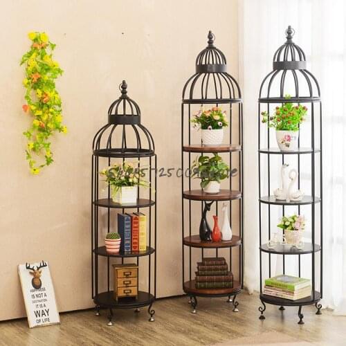 Retro American Country Iron Art Solid Wood Flower Stand Birdcage Living Room Bedroom Multifunctional Shelf Round Multilayer Flow