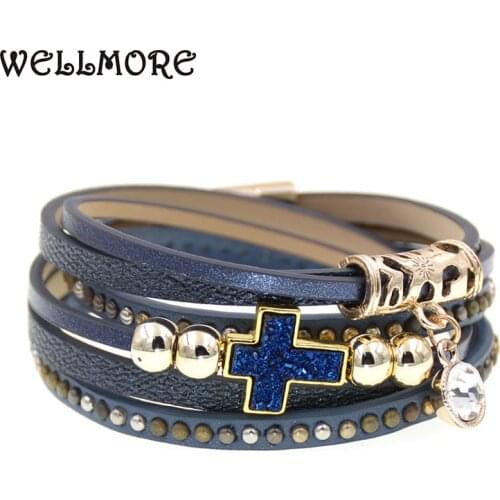 WELLMORE fashion leather bracelet fashion beaded bracelets cross charm bracelets for women gifts Bohemian bracelets wholesale