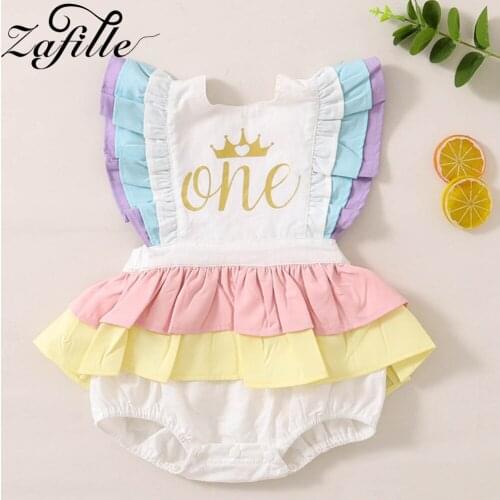 ZAFILLE My First Birthday Clothes Baby Bowknot Layers Lace Romper Dress Ruffles Party Baby Girl Bodysuit For Newborns