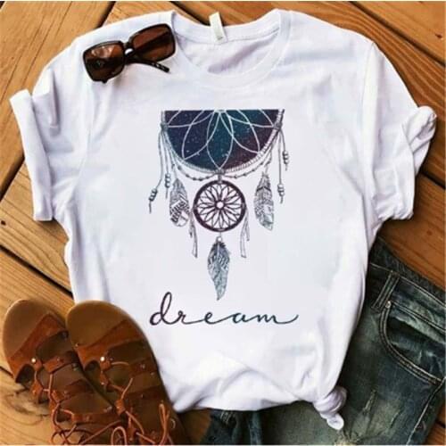 LINNA Womens t-shirt Dreamcatcher Harajuku round neck top womens kawaii retro summer casual wear short sleeves