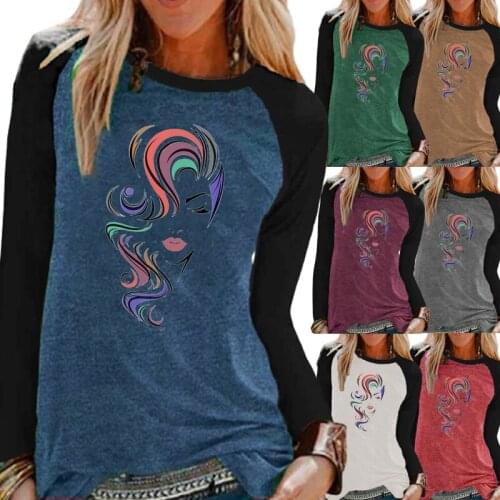 Women Clothing Fashion Printing Graphic Tee Long Sleeve Round Neck Autumn and Winter Plus Size Loose Shirt Casual Tops-tees