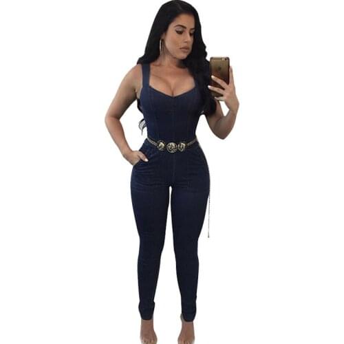 Women Elegant Denim Jumpsuit Pants with Belt Pockets Off Shoulder Sleeveless Sexy Straps Bodycon Jeans Jumpsuit Overall Catsuit