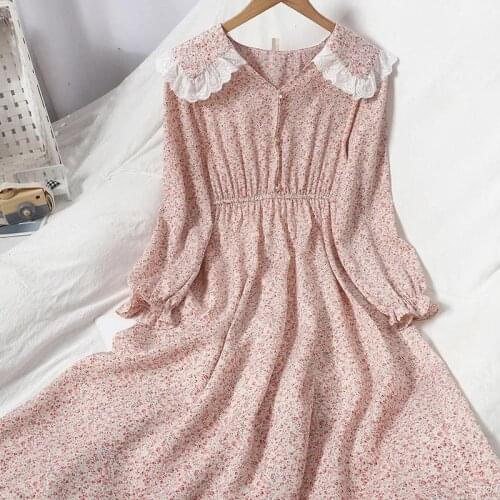 Ladies Floral Doll Collar Flare Sleeve Mid-length Dress Waist Waist Slimming Dress Ladies 2021 Spring and Autumn