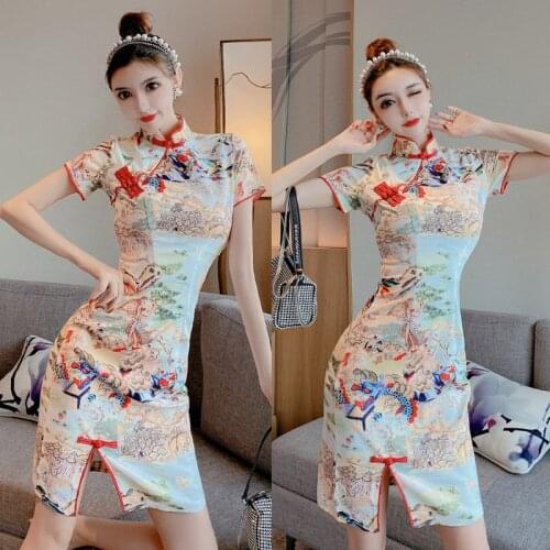 2021 Summer Fashion New Retro Stand Collar Buckle Printing Lady Tea Artist Welcome Etiquette Toast Cheongsam Bag Hip Dress Trend