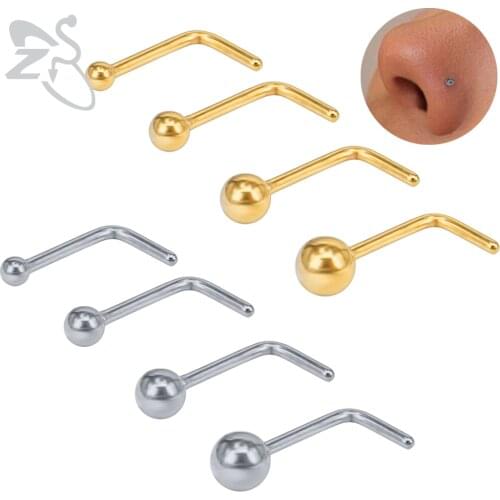 ZS 4pcs/lot Nose Studs Ball Round Nose Rings L-Shape Gold Nostril Piercings Stainless Steel Nose Piercing Body Jewelry For Women