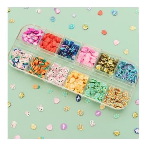 12 Grid Box Easter Day Eggs Polymer Clay Slices Slimes 3D Flakes Easter Bunny Design Nail Art Decorations Accessories