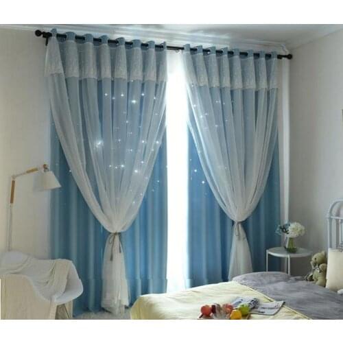 2018 New 3D Hollow Stars Curtains Stitched with White Voile Shade Thermal Insulated Romantic Living Room Bedroom Blackout
