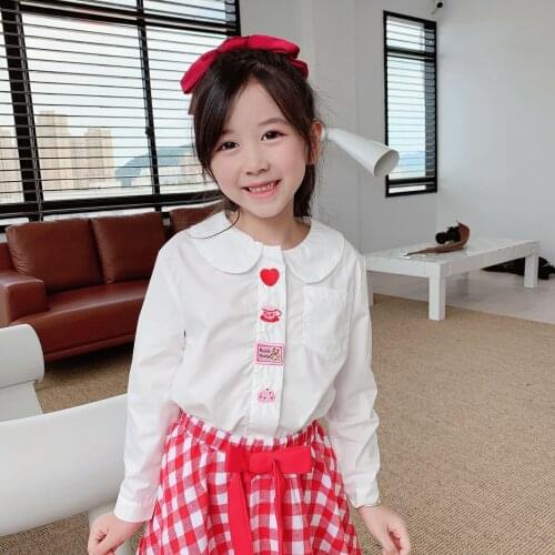 21 Kids clothing white colour shirt +red white plaid skirt embroidered floral pattern kids clothing set