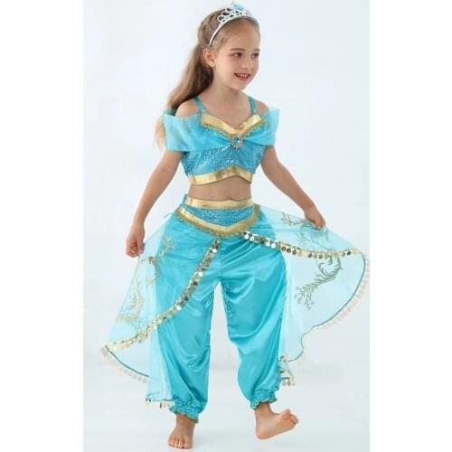 Movie Girls Kid Summer Jasmine Princess Dance Dress Children Aladdin Halloween Party Performance Costume Top Skirt Pant Set
