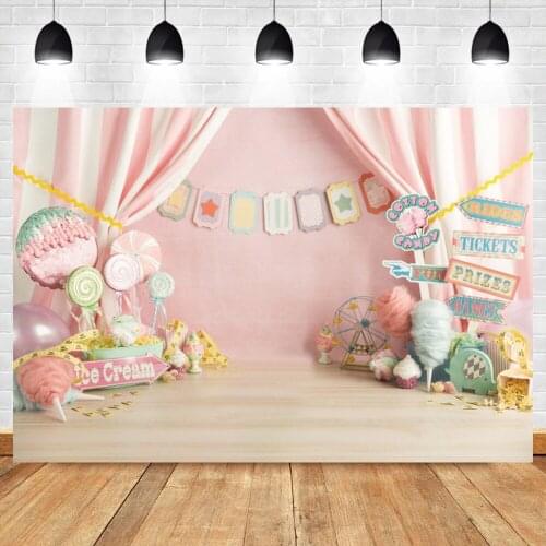 Laeacco Ice Cream Candy World Girls Birhtday Backdrop For Photography Wooden Floor Pink Curtain Background Child Photo Studio