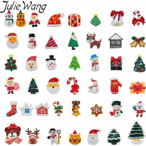Julie Wang 45PCS Resin Christmas Charms Santa Tree Snowman Deer Bell Hat Flat Back Cabochons Jewelry Making Accessory Xmas Decor