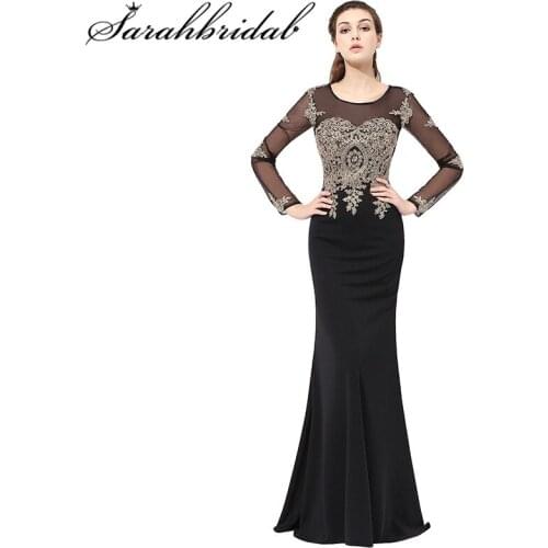 Classic Evening Gowns Trumpet Long Sleeve Floor Length Party Dresses Embroidery Beads Empire Illusion Robe De Soiriree LX357