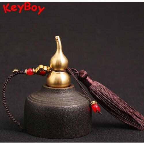 Brass Hollow Gourd Lanyard Car Hanging Tassel Rope Buckle DIY Accessories Vintage Feng Shui Key Chain Ring Pendant Jewelry Gifts