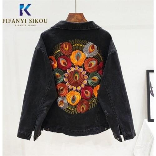 Fashion Floral Embroidery Denim Jacket Women Long sleeve Casual Vintage Jackets Coat 2019 Autumn New Loose Jeans Jacket Women