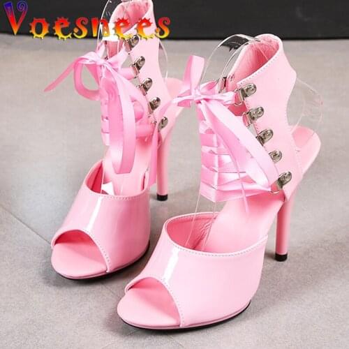 Fashion 2021 NEW Summer Womens Sandals PU Lace-Up Thin High Open Toe Sexy 11cm High Heels Shallow Mature Women Dance Shoe 34-43