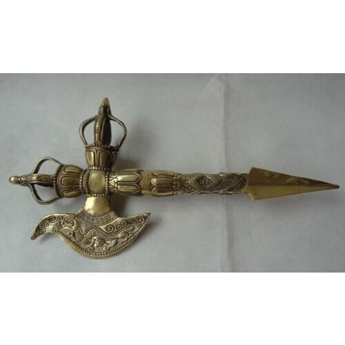Song voge gem S2387 12" Tibet Brass Collect Buddhist Vajra Dragon Statue Talisman Phurba Dagger