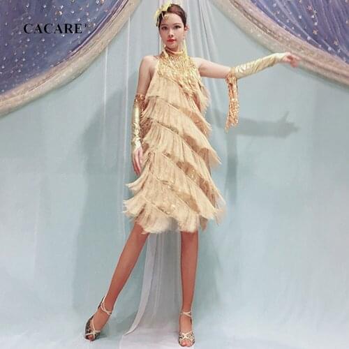 CACARE Fringed Dress Latin Dance Dress Women Samba Salsa Tango Dance Dress D0045 Gold with Sequins Tassels Necklace Gloves