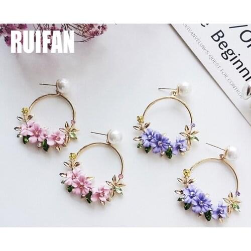 Ruifan Sweet Round Flower Korean Big Earrings for Women Girls Pink/Purple Crystal Earrings with Pearl Fashion Jewelry YEA260