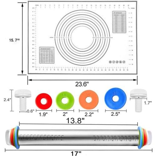 Rolling Pin And Silicone Pastry Mat Set Stainless Steel Dough Roller With 4 Thickness Rings Rolling Pin Baking Mat Set